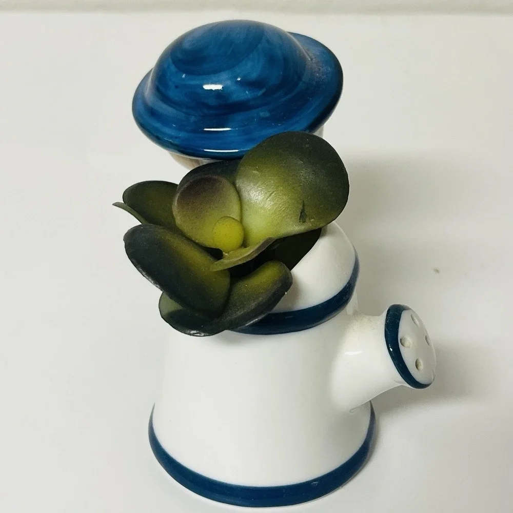 Vintage Boy In Blue Hat & Suspenders w/ Watering Can Miniature Planter Vase